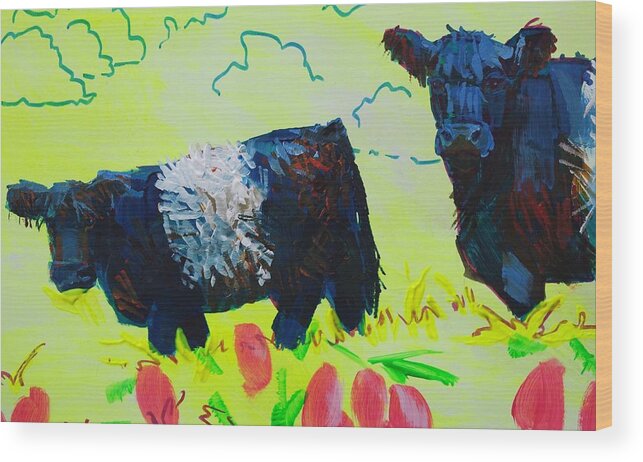 Belted Galloway Cows Wood Print featuring the painting Two Belted Galloway Cows Looking At You by Mike Jory