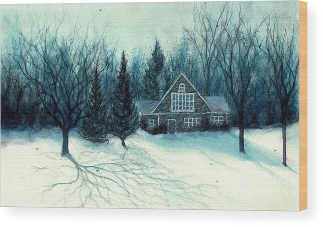 Cabin Wood Print featuring the painting Winter Blues - Stone Chalet Cabin by Janine Riley