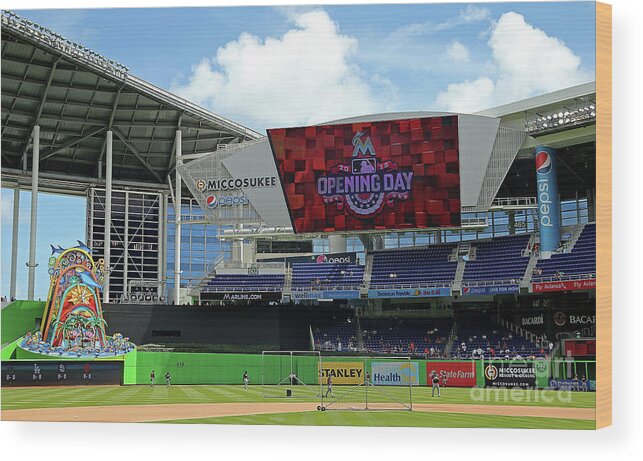 American League Baseball Wood Print featuring the photograph Atlanta Braves V Miami Marlins by Mike Ehrmann