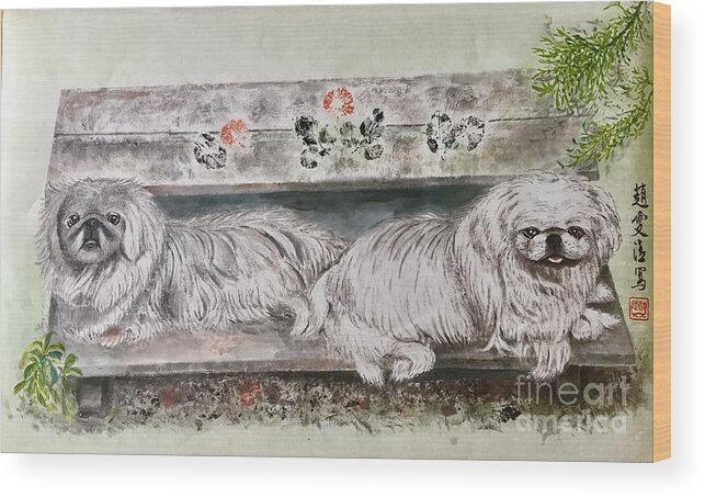 Pekes Dog Wood Print featuring the painting Two Pekes Dogs by Carmen Lam