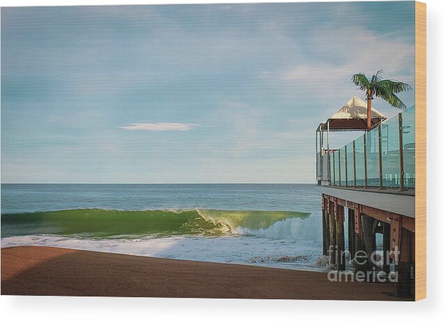 Waves Wood Print featuring the photograph Breaking Waves on Pavilion with Palm Tree by Mary Capriole