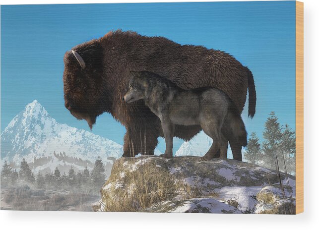 Buffalo Wood Print featuring the digital art Buffalo and Wolf by Daniel Eskridge