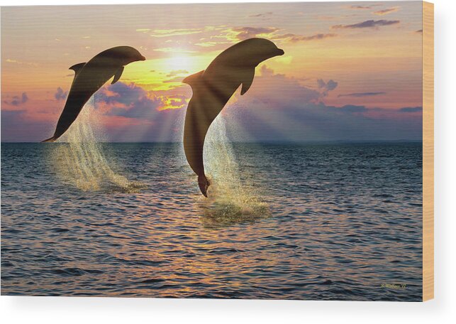 2d Wood Print featuring the photograph Dolphin Silhouettes At Sunset by Brian Wallace
