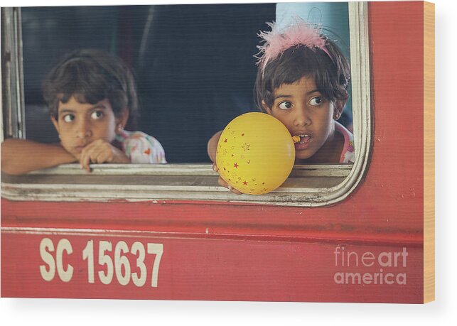 Approach Wood Print featuring the photograph Girls in Sri Lanka in train by Patricia Hofmeester