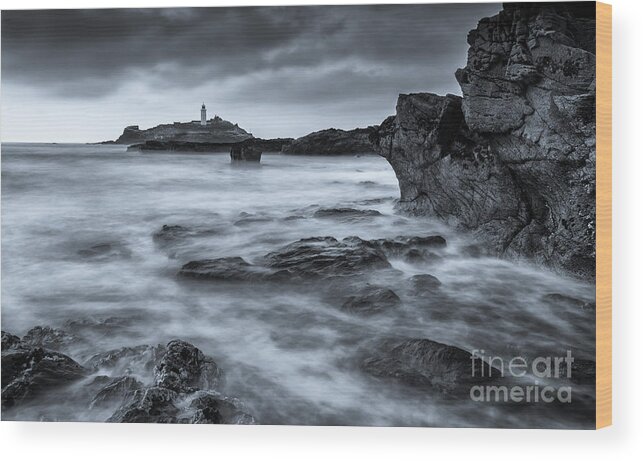 Cornwall Wood Print featuring the photograph Godrevy Point Lighthouse, Cornwall, Monochrome by Philip Preston