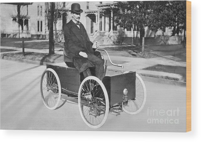 Mature Adult Wood Print featuring the photograph Henry Ford Driving His First Automobile by Bettmann