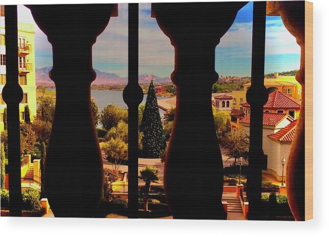 Ornate Wooden Railing Wood Print featuring the photograph Holiday Balcony View by Debra Grace Addison