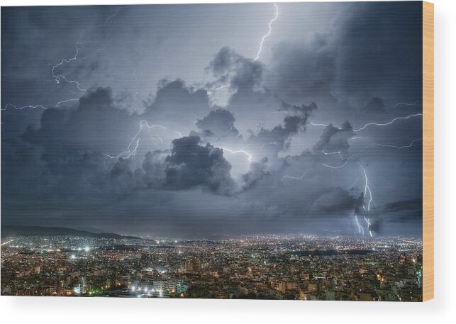 Athens Wood Print featuring the photograph Lightning Over Athens by Chris Kaddas