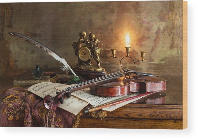 Music Wood Print featuring the photograph Still Life With Violin And Clock by Andrey Morozov