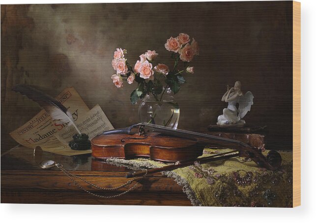 Music Wood Print featuring the photograph Still Life With Violin And Roses by Andrey Morozov