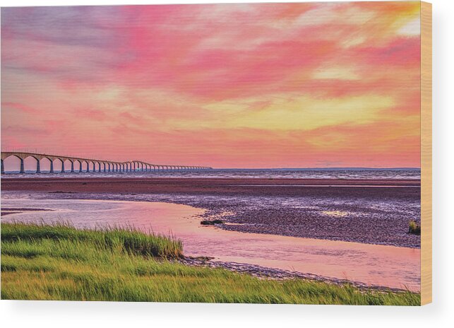 Pei Wood Print featuring the photograph Summer Sunset at Confederation Bridge, Painterly by Marcy Wielfaert