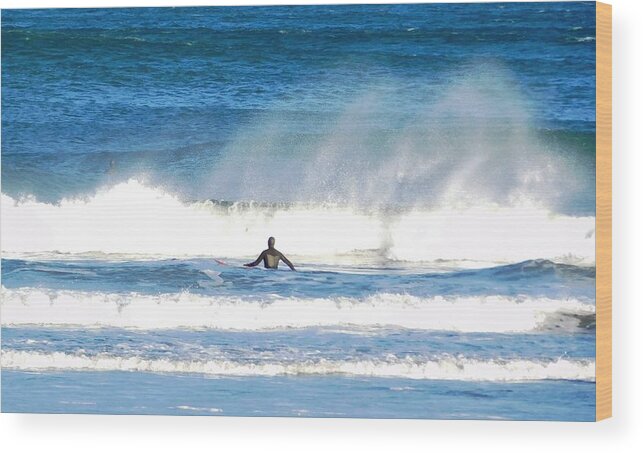 Sea Wood Print featuring the photograph - surfer and sea spray at York Beach ME by THERESA Nye