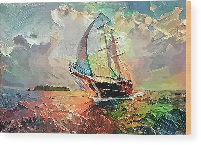 Tall Ship Wood Print featuring the photograph Tall Ship Sails Toward Shore Abstract Painted Digitally by Sandi OReilly