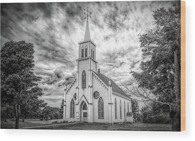 United Church Of Canada Wood Print featuring the photograph Picturesque in Malpeque, Black and White by Marcy Wielfaert