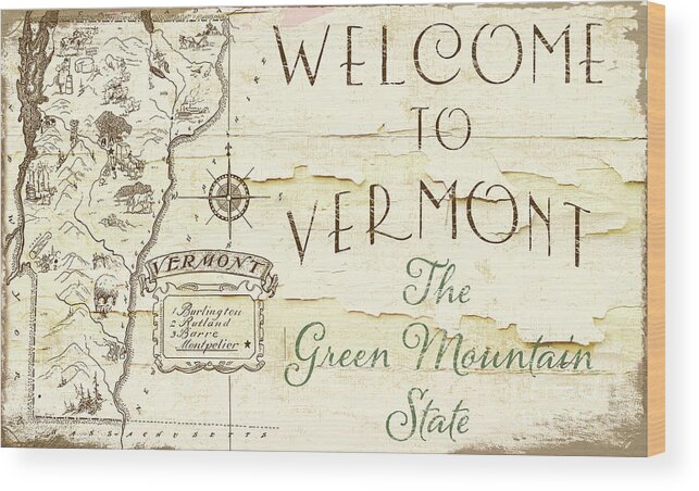 Vermont Wood Print featuring the painting Vintage Map Vermont by Mindy Sommers