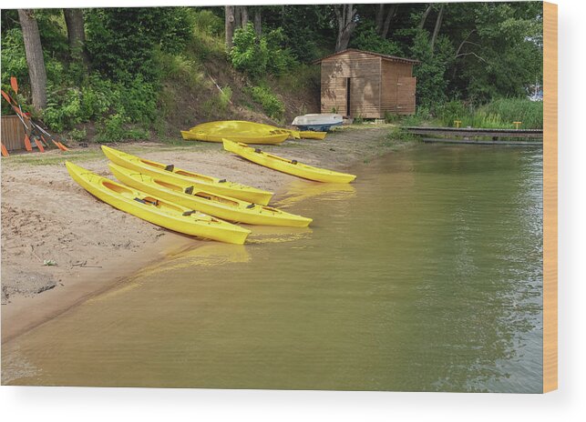 A Lake Wood Print featuring the photograph Yellow Boats in a sports Club by Dubi Roman