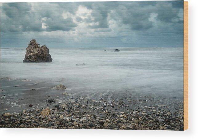 Seascape Wood Print featuring the photograph Seascape with windy waves during stormy weather a rocky coastline #1 by Michalakis Ppalis