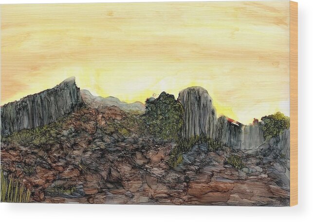 Rock Wood Print featuring the painting Between a rock and an arroyo by Angela Marinari