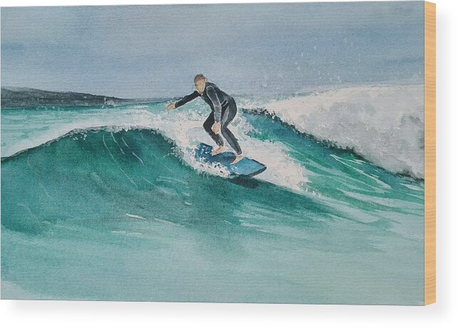 Surfer Wood Print featuring the painting Coastal Surfer by Sandie Croft