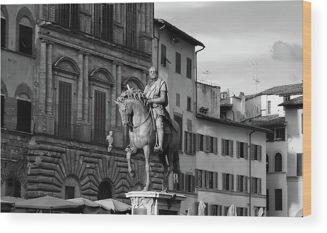 Florence Wood Print featuring the photograph Cosimo I Bronze Equestrian Monument Piazza Della Signoria Florence Italy Black and White by Shawn O'Brien