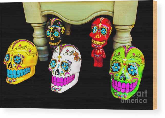 Day Of The Dead Wood Print featuring the photograph Day Of The Dead Skulls by Frances Ann Hattier
