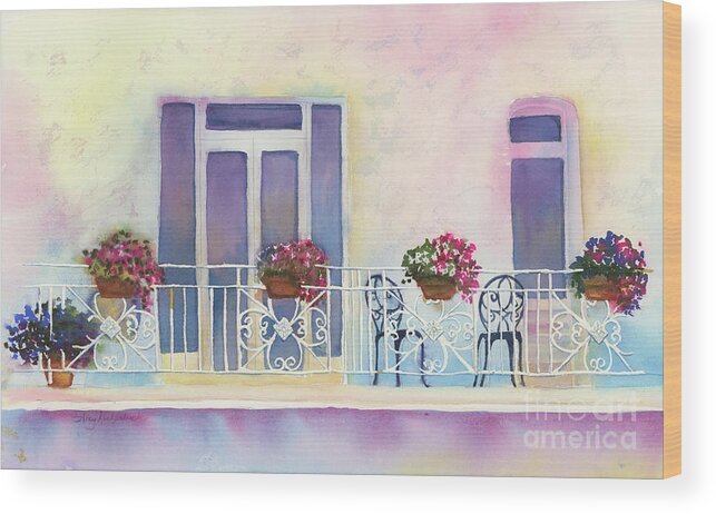 Watercolor Painting Wood Print featuring the painting Fresh Winds Balcony by Amy Kirkpatrick