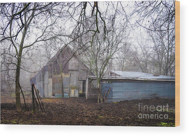 #barn #ranch #farm #country #ranch #countryliving #ranchlife #rural #vintage #metal #structure #oldbarn #texas #texasranch #farmhouse #1900s #midcentury #countrylife #ranchhand #cowboy #farming #ranching #patchwork #metal #fencing #trees #fog #winter Wood Print featuring the photograph Pickle Creek Ranch Barn by Cheryl McClure