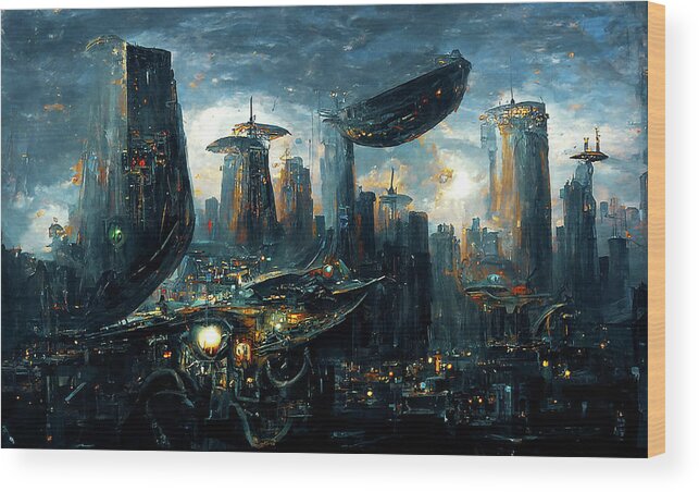 Fantasy Wood Print featuring the painting Postcards from the Future - Alien Metropolis, 05 by AM FineArtPrints