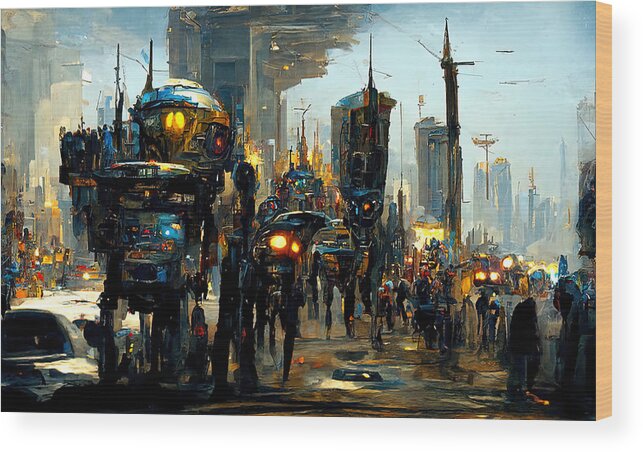 Cyberpunk Wood Print featuring the painting Robo-City, 05 by AM FineArtPrints