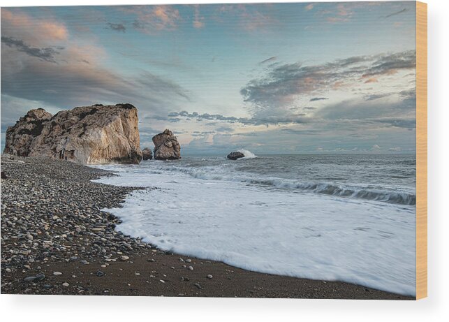 Sea Waves Wood Print featuring the photograph Seascape with windy waves and moody sky during sunset by Michalakis Ppalis