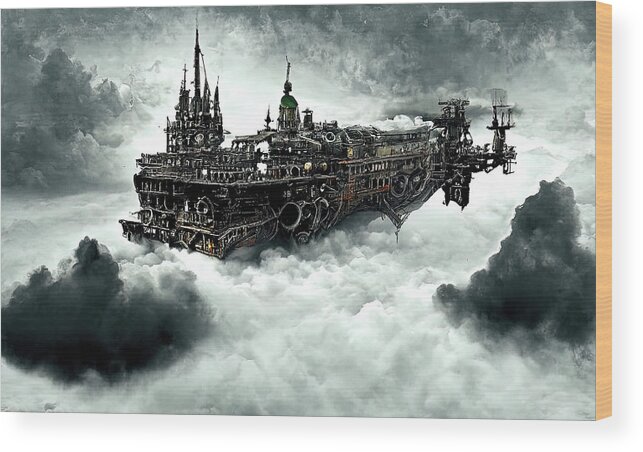 Fantasy Wood Print featuring the painting Steampunk flying ship, 07 by AM FineArtPrints