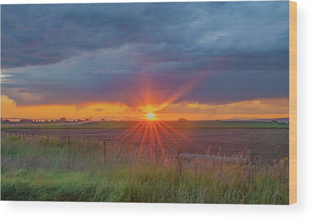 Sunset Wood Print featuring the photograph Summer Sunset on the Farm, Textured by Marcy Wielfaert