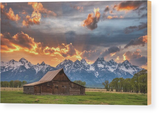 Sunset Wood Print featuring the photograph Sunset on Fire - Moulton Barn by Darren White