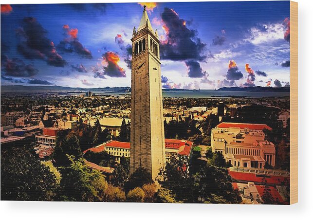 Berkeley Wood Print featuring the digital art The Sather Tower and a a view to Berkeley Campus, downtown Berkeley and San Francisco Bay at sunrise by Nicko Prints