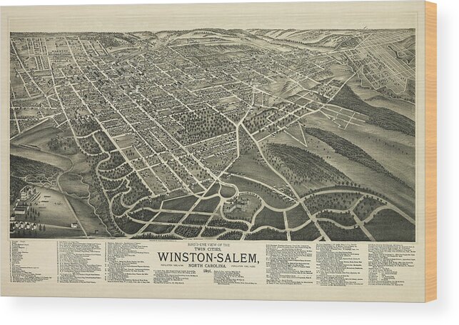 Winston Salem Wood Print featuring the photograph Winston Salem North Carolina Vintage Map Birds Eye View 1891 by Carol Japp