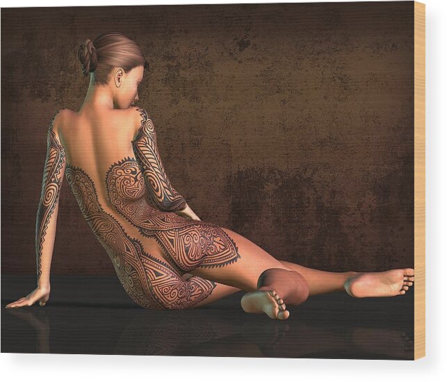 Tattooed Nude Wood Print featuring the digital art Tattooed Nude 4 #1 by Kaylee Mason