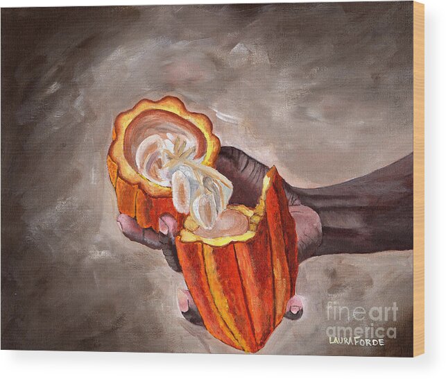 Grenada Wood Print featuring the painting Cocoa Pod In Hand by Laura Forde