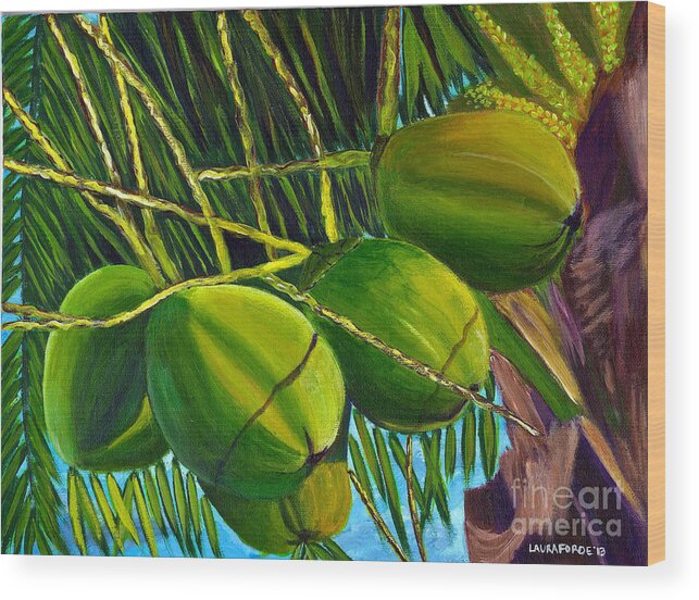 Coconuts Wood Print featuring the painting Coconuts at sunset by Laura Forde