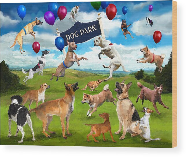Dog Wood Print featuring the digital art Dog Park Party by Frank Harris