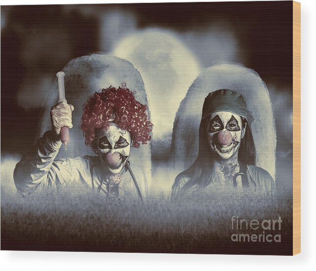 Zombie Wood Print featuring the photograph Evil zombie clown doctors rising from the dead #1 by Jorgo Photography