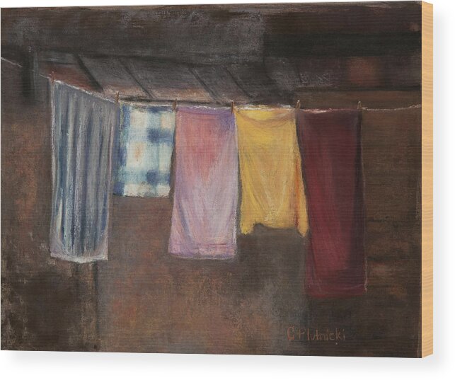 Clothsline Wood Print featuring the pastel Laundry Day #1 by Cindy Plutnicki