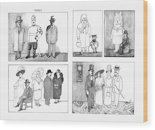 75975 Sst Saul Steinberg (cartoon Spread Of Five Drawings Resembling Snapshots In A Family Album. Each Picture Contains Combinations Of Fashions From Different Eras And Is Drawn In A Composite Of Styles.) Wood Print featuring the drawing New Yorker December 25th, 1978 #1 by Saul Steinberg