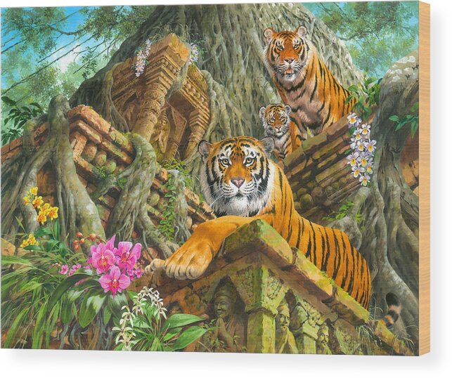 John Francis Wood Print featuring the painting Temple Tigers by MGL Meiklejohn Graphics Licensing