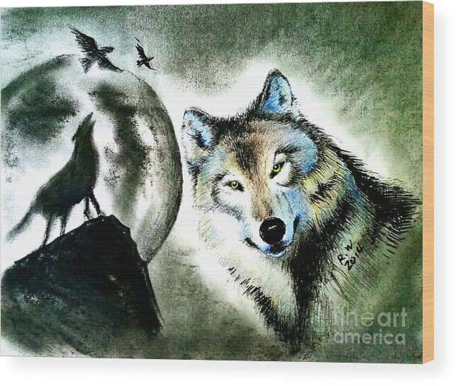 Wolf With Moon Night. Wild Animals. Wolf..wildlife. Pencil Drawing. Night . Birds. Rose Wang Art. Custome Order. Greeting Cards. Women Art. Natural Beauty. Landscape. Wood Print featuring the painting Wolf #1 by Rose Wang