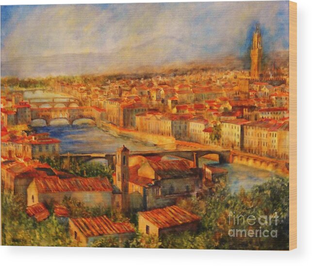 Bridges Of Florence Wood Print featuring the painting Bridges Of Florence by Dagmar Helbig