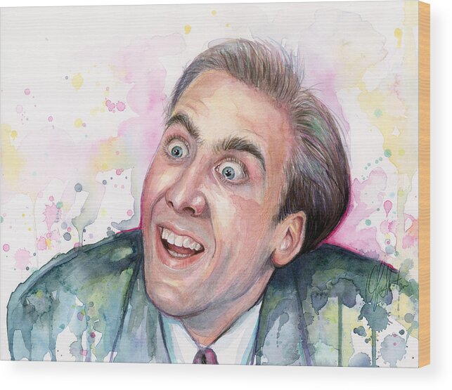 Nic Cage Wood Print featuring the painting Nicolas Cage You Don't Say Watercolor Portrait by Olga Shvartsur
