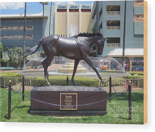 Santa Anita Race Track Wood Print featuring the photograph Santa Anita Race Track Statue Of Zenyatta by Robert Birkenes