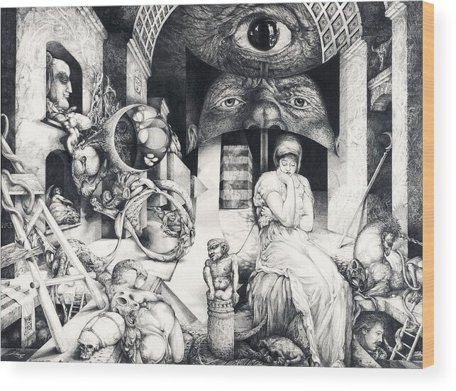 Surreal Wood Print featuring the drawing Vindobona Altarpiece IIi - Snakes And Ladders by Otto Rapp