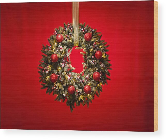 Advent Wood Print featuring the photograph Advent wreath over red background #4 by U Schade