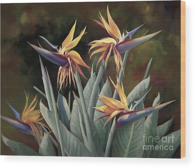 Four Wood Print featuring the painting 4 Birds of Paradise by Laurie Snow Hein